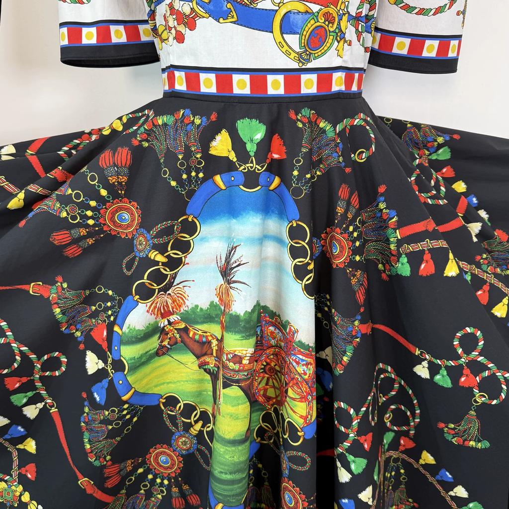Marka Fashioni Letnia Vintage Sukienka Midi Damska Krótki Rękaw Okrągły Dekolt Empire Kwiatowy Wzór Długa Sukienka na Plażę Imprezę Wieczorową