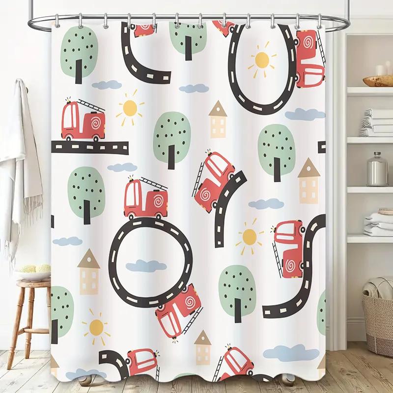 Playful Kids Bath Curtain Children's Shower Curtains Decorative with Red Tractor Tree Pattern Washable Fabric for Bathroom Perfe