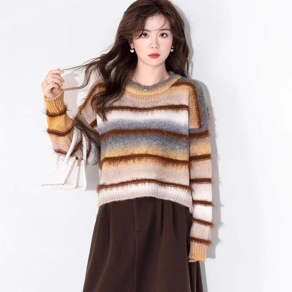 Women's Gradient Striped Patchwork Fuzzy Knit Pullover Sweater, 2025 Design