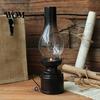 Old-fashioned Candle Lamp Miniature Kerosene Resin Holder, Retro Oil Figurine with Smoked Model Glass Shade & Carved Base, Tabletop Decor for
