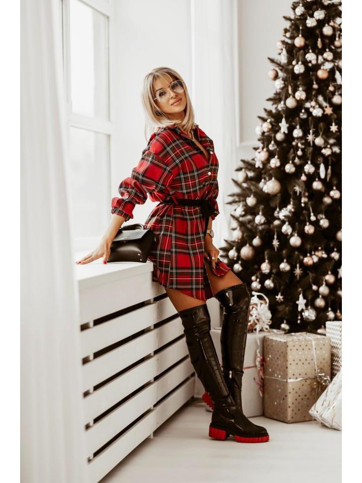 2022 Herbst/Winter Kariertes Langarm-Midilängenhemd mit Bindegürtel