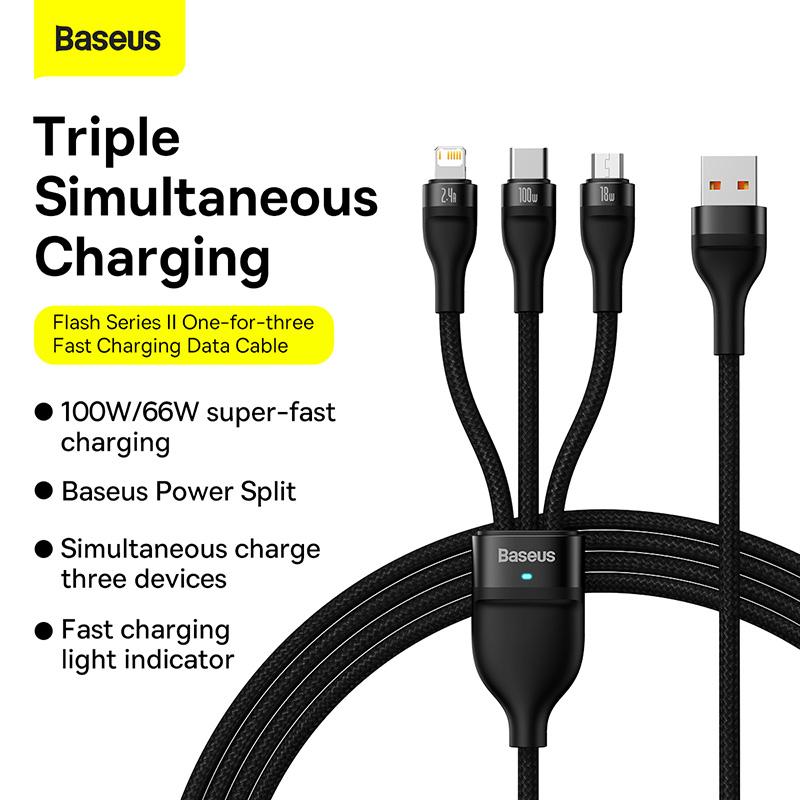 Baseus Flash Series  One-for-three Fast Charging Data Cable USB To M+L+C 100W