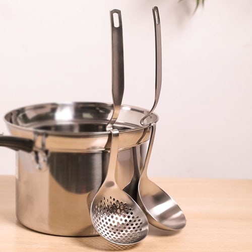 Doveja 2-Piece Stainless Steel Ladle Set with Slotted Ladle and Pot Hooks for Attaching To the Edge of a Pot or Container, Dishwasher Safe
