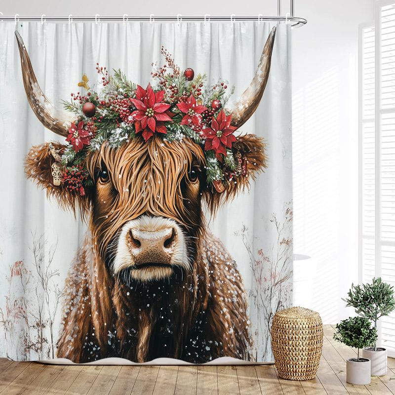 Brown Highland Cattle Shower Curtain Funny Farm Animals Sunset Rustic Flowers Scenery Fabric Bathroom Curtains Decor With Hooks