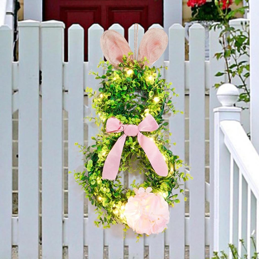 Påskkrans för ytterdörren Kaninformad hängprydnad Väggupphängning Belyst festlig girlang