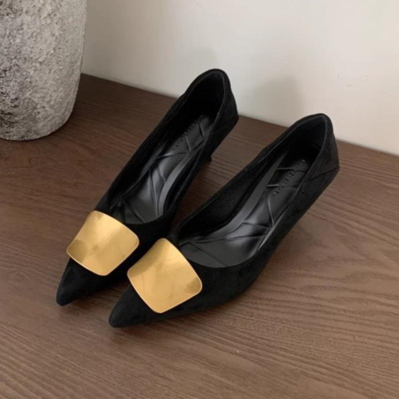 

Fashion Women s Fashion Slim Heel Shoes Spring New Pointed Head Shallow Mouth Suede Metal Buckle Anti-slip Wear-resistant High Heels 35