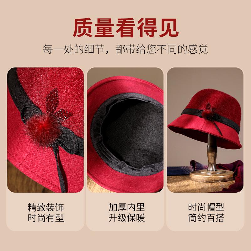 Hat Female Autumn and Winter Old Man Basin Hat Elegant Fashion Top Hat Mother Flower Hairball Retro Bucket Hat