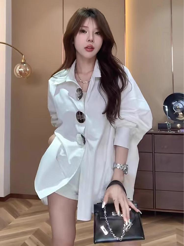 

Women s Early Autumn White Long Sleeve Shirt - Korean & Hong Kong Chic Design, Loose Fit L
