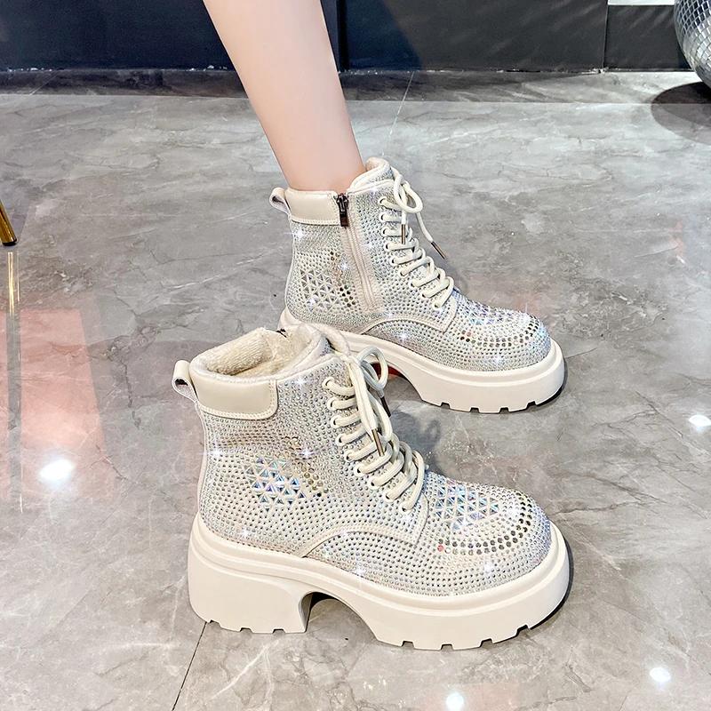 Sequin Diamond Short Boots Women  Autumn Winter Luxury Fashion High Top Thick Heel Lace Up Boots Outdoor Party Casual Shoes