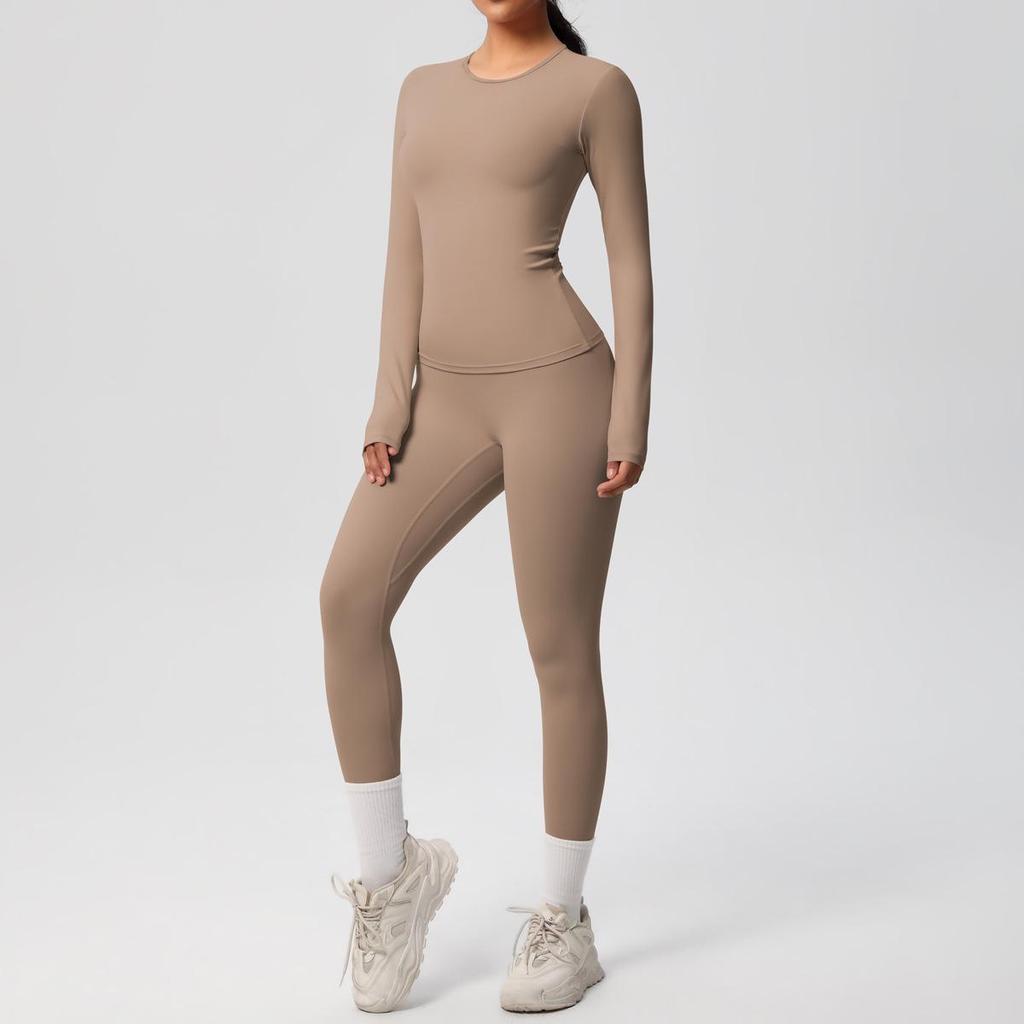 Dual-Sided Solid Color Long-Sleeve Yoga and Running Set - Two-Piece Fitness Outfit