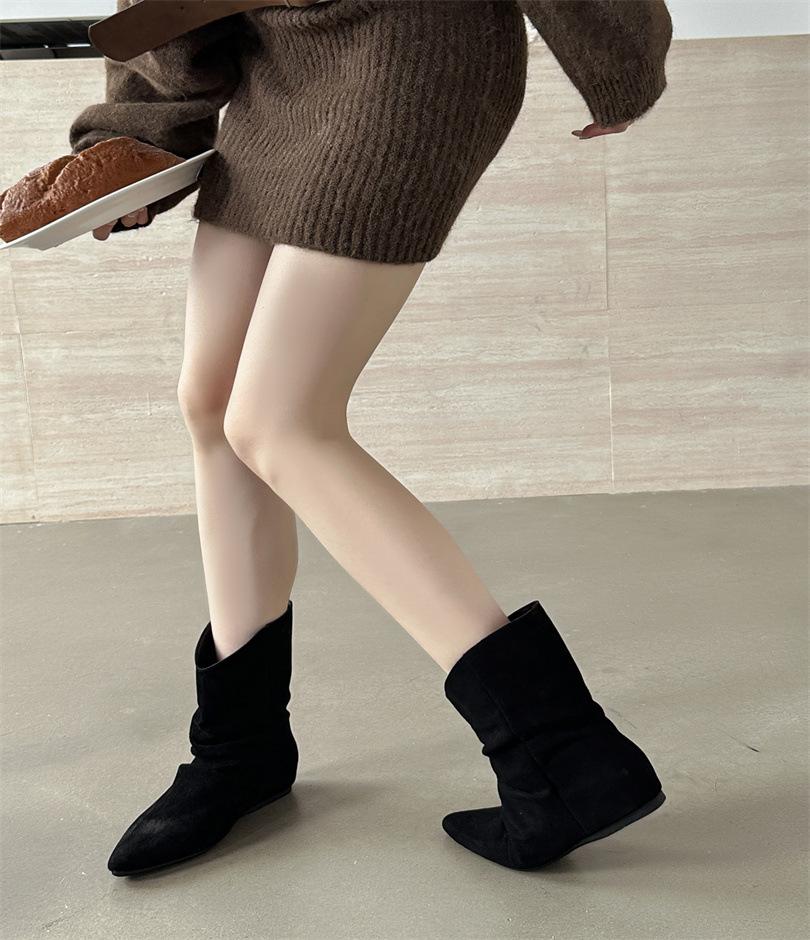 Inner heightening pile short boots women's shoes 2025 spring and autumn single boots pointed khaki with skirt high heel thin boots