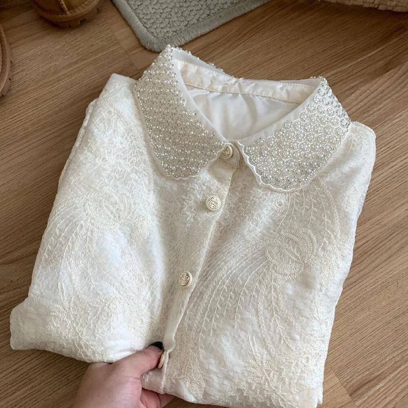 Frühlings Perlen Ropa Langarm Jacquard Blusas Schöne Hemden Blusen Roupas Feminina Damen Pendler Camisas