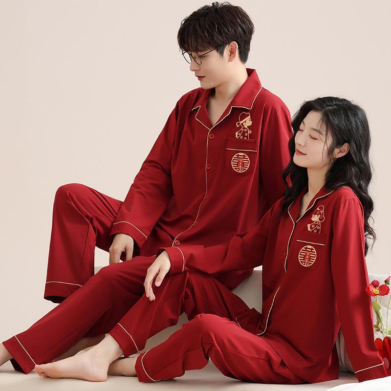 Red Pajamas for Couples - Spring/Autumn 2025 Pure Cotton High-Grade Dowry Festive Homewear for Newlyweds
