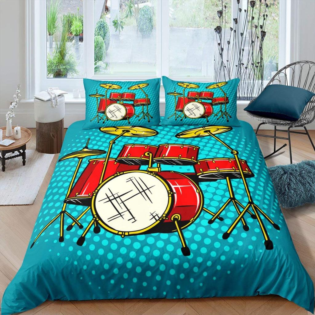 Rockmusik Weiß und Schwarz Bettbezug Doodle Zeichnung Skizze Schlagzeuger Musikalische Inspirationen Monochromes Arrangement Dekorativ Kinder