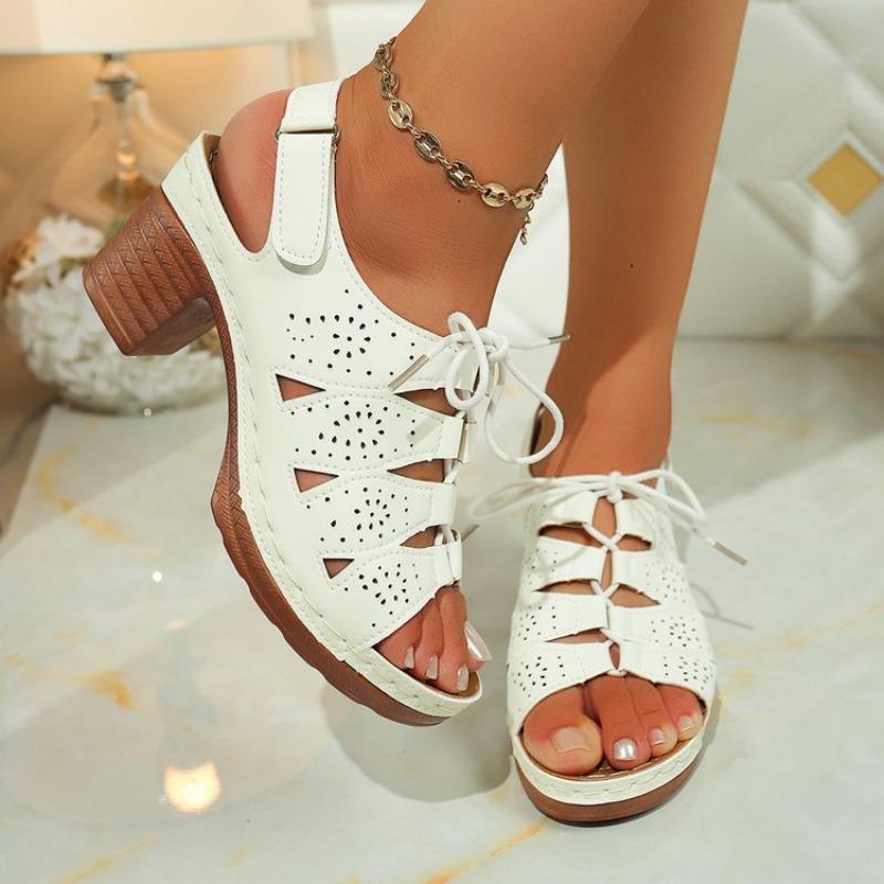 Roman Sandals Summer New Round Toe Open Toe Cutout Front Lace-Up Car Stitch Non-Slip Block Heel Shoes