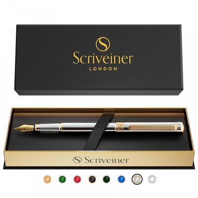 Scriveiner Finest Premium Fountain Pen (Silver) Attractive Beauty 24K Gold Finish Schmidt 18K Gold Plated Nib (Fine) Suitable for Men and Women Profes