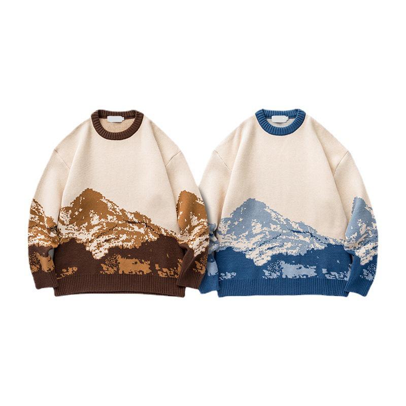 Men's Hong Kong Style Tie-Dye Snow Mountain Sweater: Trendy Round Neck, Loose Fit, Knitted, Long-Sleeve.