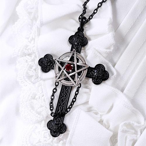 Gothic Dark Five-pointed Star Cross Relief Pattern Red Zircon Pendant Necklace for Women Men Hallowmas Punk Fashion Jewelry Gift