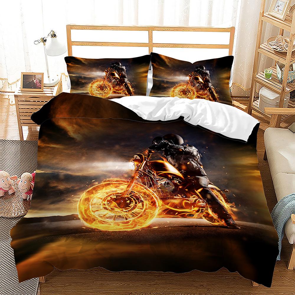 3D Motorcycle Quilt and Pillow Case 2/3 Piece Retro Style Motorcycle Bedding Set EU135 * 200 Soft and Easy To Clean Home Decoration for Boys' Rooms