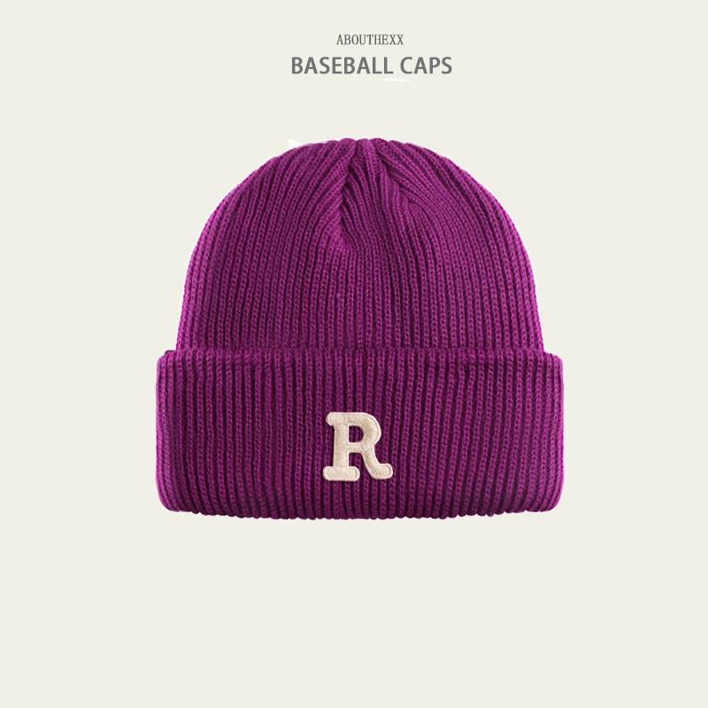 Hats for Women's Autumn and Winter New Warm Knitted Hat Korean Version Versatile R Letter Wool Hat Couple Head Hat Men's Trend