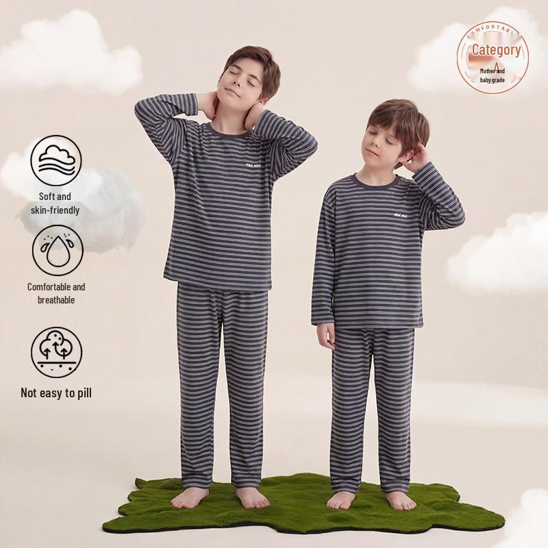 Boys' Long-Sleeve Pure Cotton Pajama Set for Spring, Summer, and Autumn - Ideal for Primary School-Aged Children.