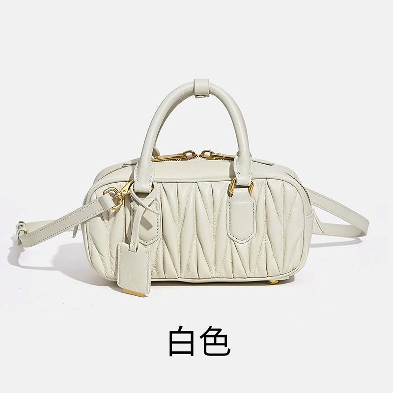 High-end Lambskin Bowling Handbag Embroidered Thread Pleated Leather Small Square Bag Single Shoulder Messenger Women's Bag
