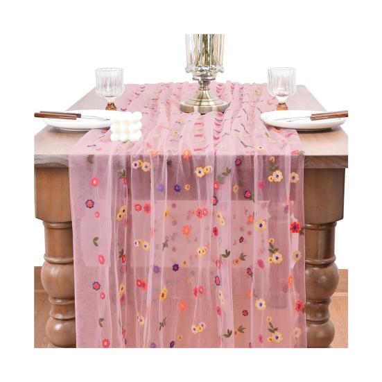 Embroidered Flower Table Runner Sheer Mesh Gauze Tablecloth for Spring Summer Delicate Floral Lace Table Decor for Wedding Party Dining Table
