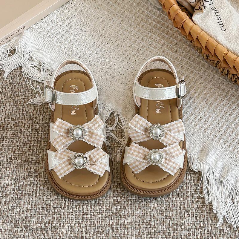 Summer Plaid Bow Princess Sandals for Kids - Open-Toe, Soft Sole 27 бежевый