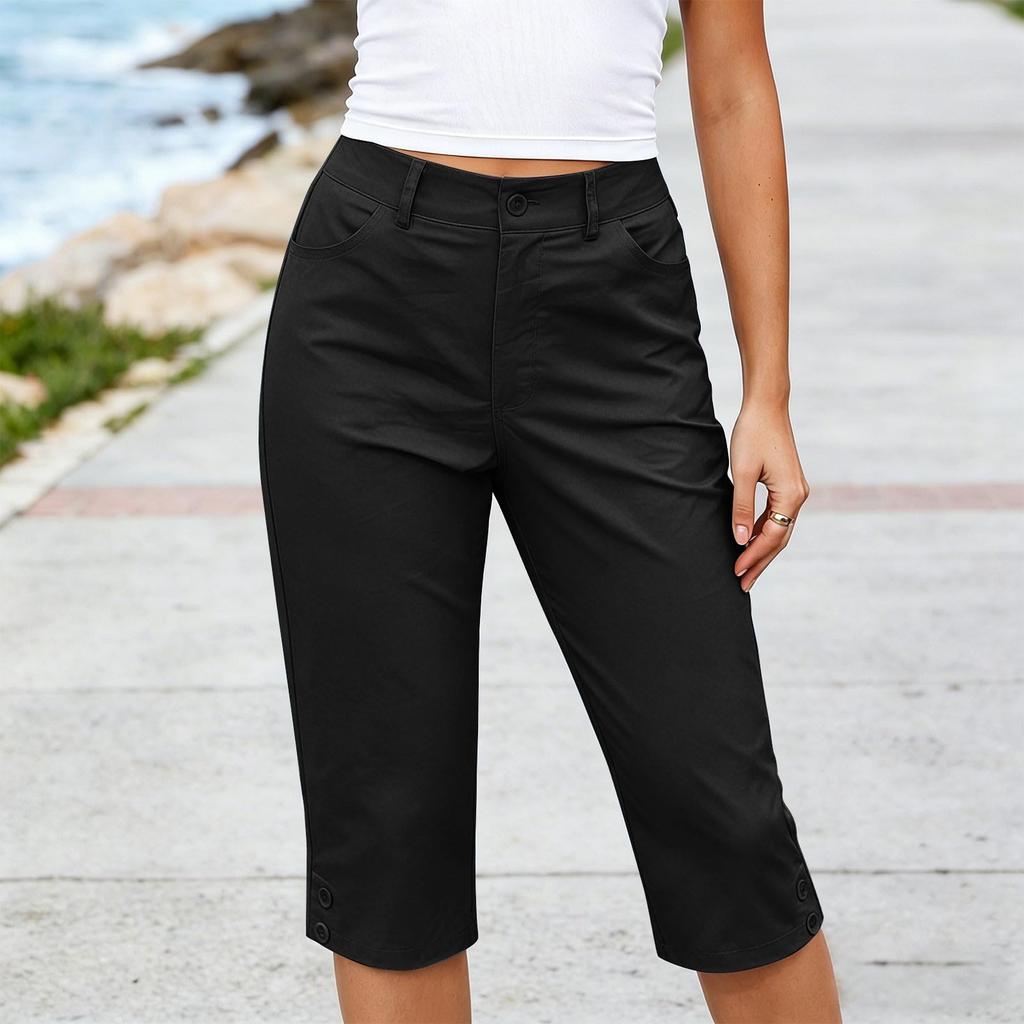 Women High Waist Loose Fit Wide Leg Capri Shorts with Pockets Button Relaxed Fit Long Hiking Shorts for Outdoor Activities