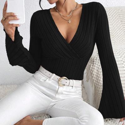 Women Bottoming Tops V-neck Flared Long Sleeve Slim Fit Knitting Tops Solid Color