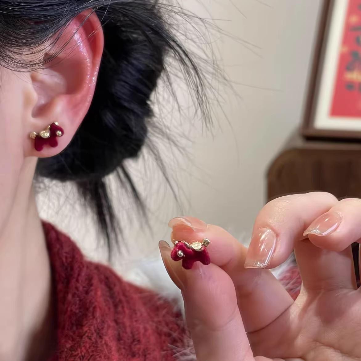 2026 Year of the Horse Red Pearl Double-Sided Earrings - Unique Design