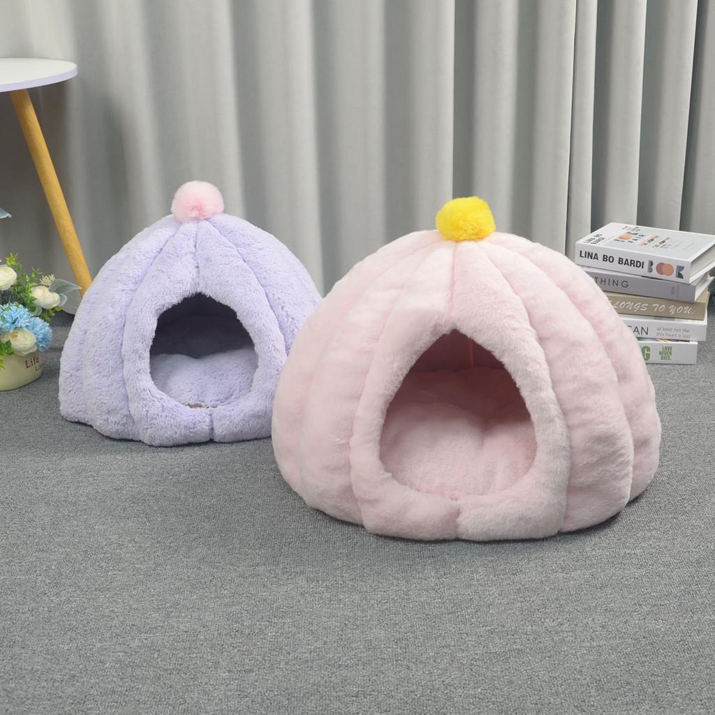 Cat Bed Winter Warm Thick Pumpkin Mongolian Enclosed Safe Sleep Cat House For Indoor Use
