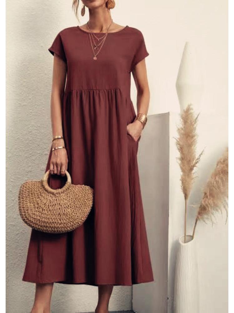 

Women Solid Color Casual Short Sleeve Midi Dress with Pockets 4XL бордовий