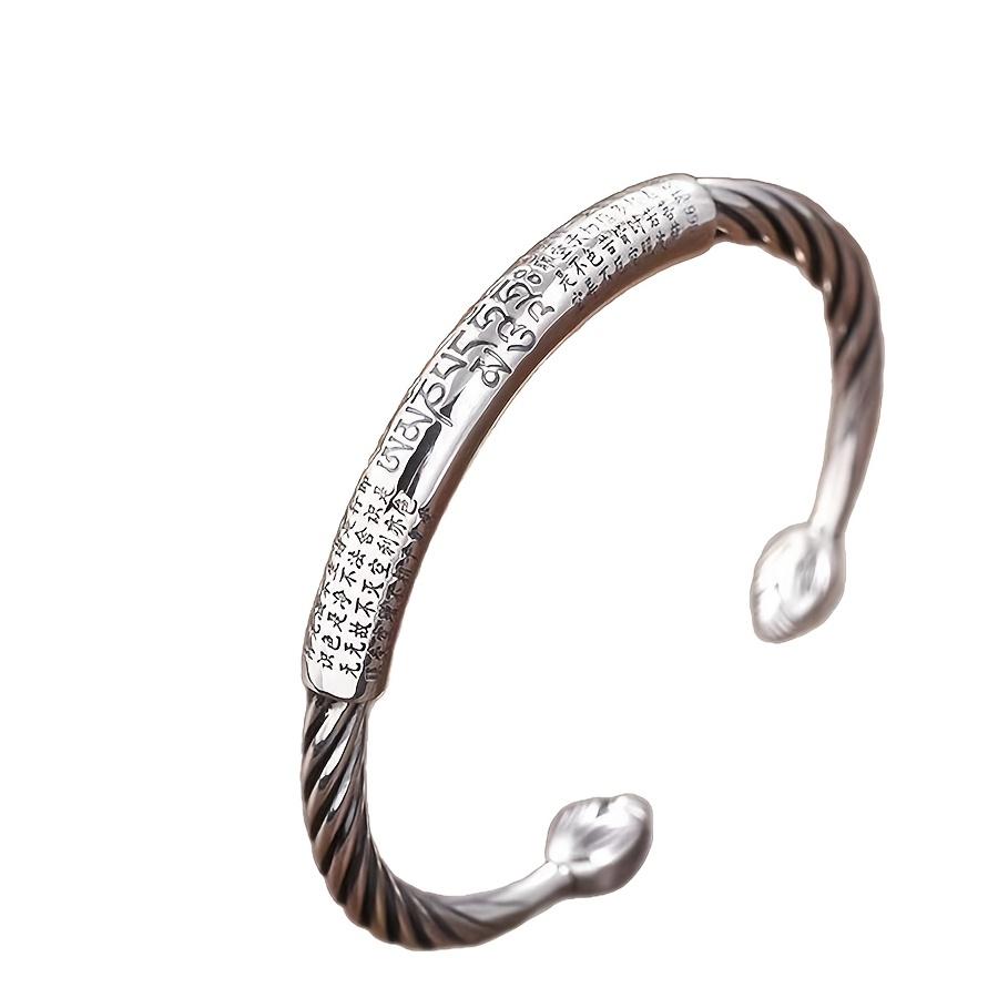 Vintage Six-Character Mantra Alloy Bracelet for Men, Personalized Heart Sutra Open Bangle, Twisted Wire Men's Bracelet