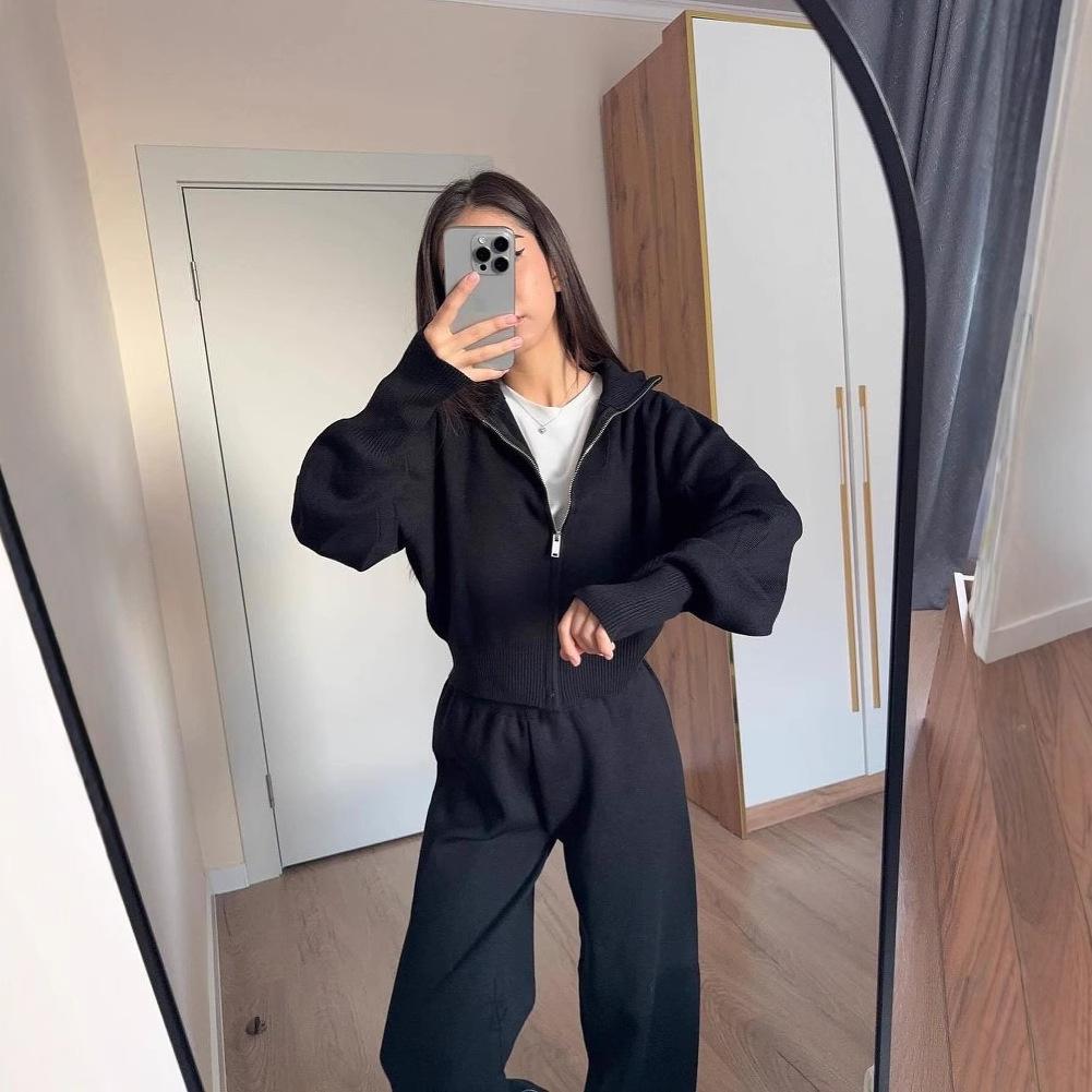 Women's Casual High Neck Zip-Up Top with Wide Leg Pants Set, Elegant Loungewear Outfit