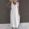 Beach Casual Loose Fit Midi Vintage Dress Women Summer O-Neck Sleeveless Pockets Vest Dress Beachwear