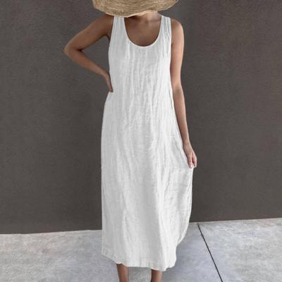 Robe de plage mi-longue décontractée, coupe ample, Vintage, col rond, sans manches, poches, gilet, vêtements de plage, été