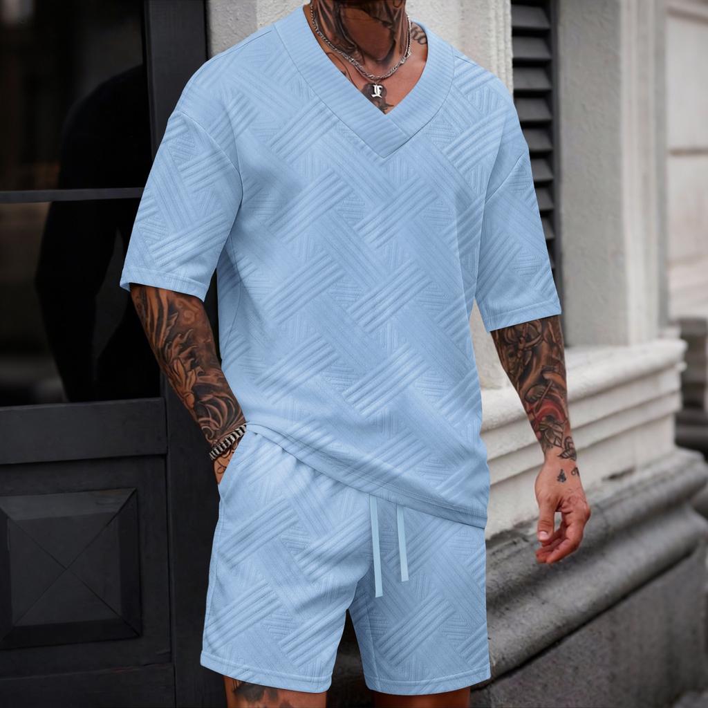 Men's New Casual Color Versatile V-neck Short-sleeve And Shorts Set