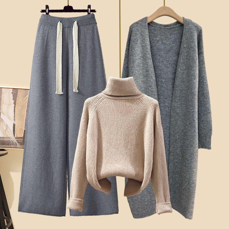 Women's Autumn 2024 Three-Piece Set: Mid-Length Cardigan Jacket, High-Neck Sweater, and Slim Wide-Leg Pants