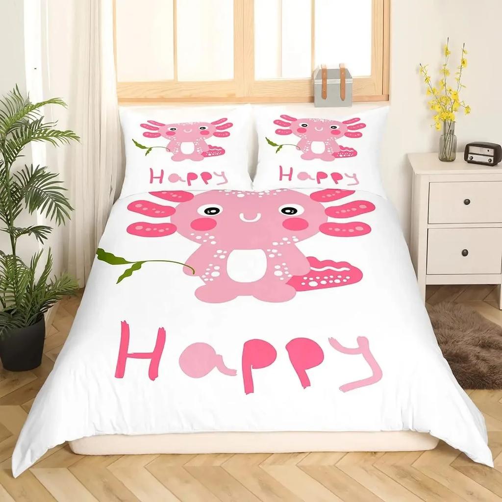 Cartoon Axolotl Cute Sea Animal Reptile Bedding Set Boys Girls Twin Queen Size Duvet Cover Pillowcase Bed Kids Adult