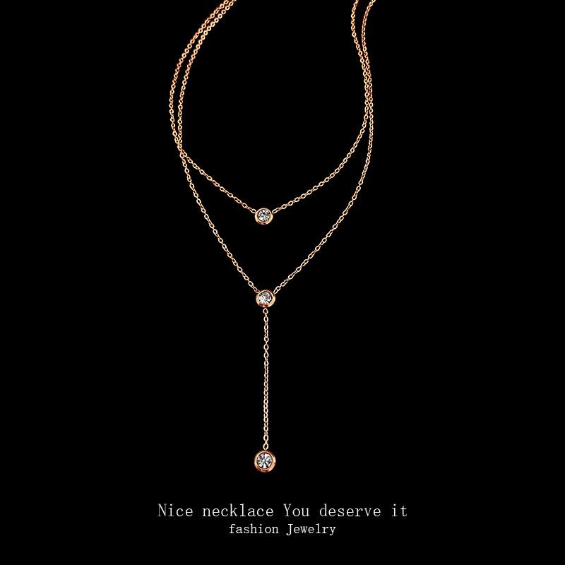 Light luxury design titanium steel necklace female double zircon clavicle chain personalized match