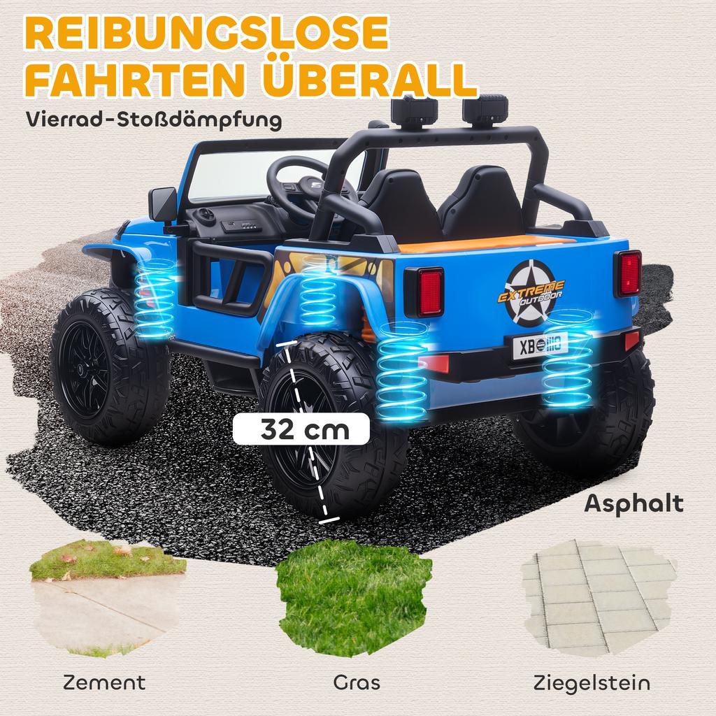 Electric Vehicle for Kids, 12V Battery, with Parent-Child Seat, Remote Controllable, Music, Horn, LED Lights, 3-8 Years, Blue