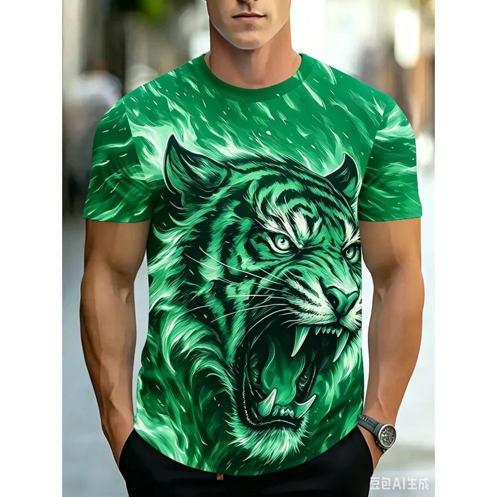 Fashion Fire Tiger Print Men T-shirt Wild Animal Graphic T Shirt Trend Cool Man Streetwear Summer Casual Crew Neck Short Sleeve