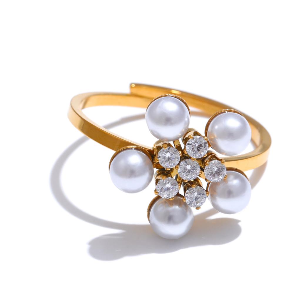 Yhpup Shiny Cubic Zirconia Simulated Pearls Flower Chic Sweet Stud Earrings Ring Stainless Steel Golden Premium Jewelry Gift