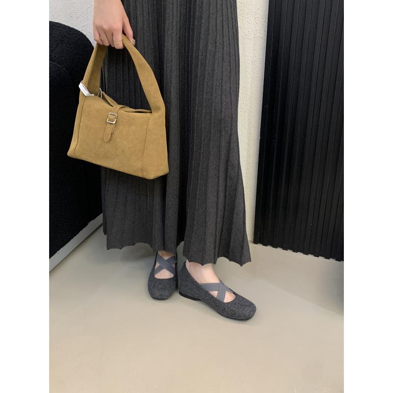 Woolen gray inner height increase single shoes with skirt Mary Jane shoes ballet French shoes spring and autumn soft women's shoes