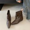 Cowhide Version of the New Autumn and Winter Square Head Belt Buckle Flat-bottomed Short Boots Women's Boots Suede Thick Heel Medium Heel Short Boots