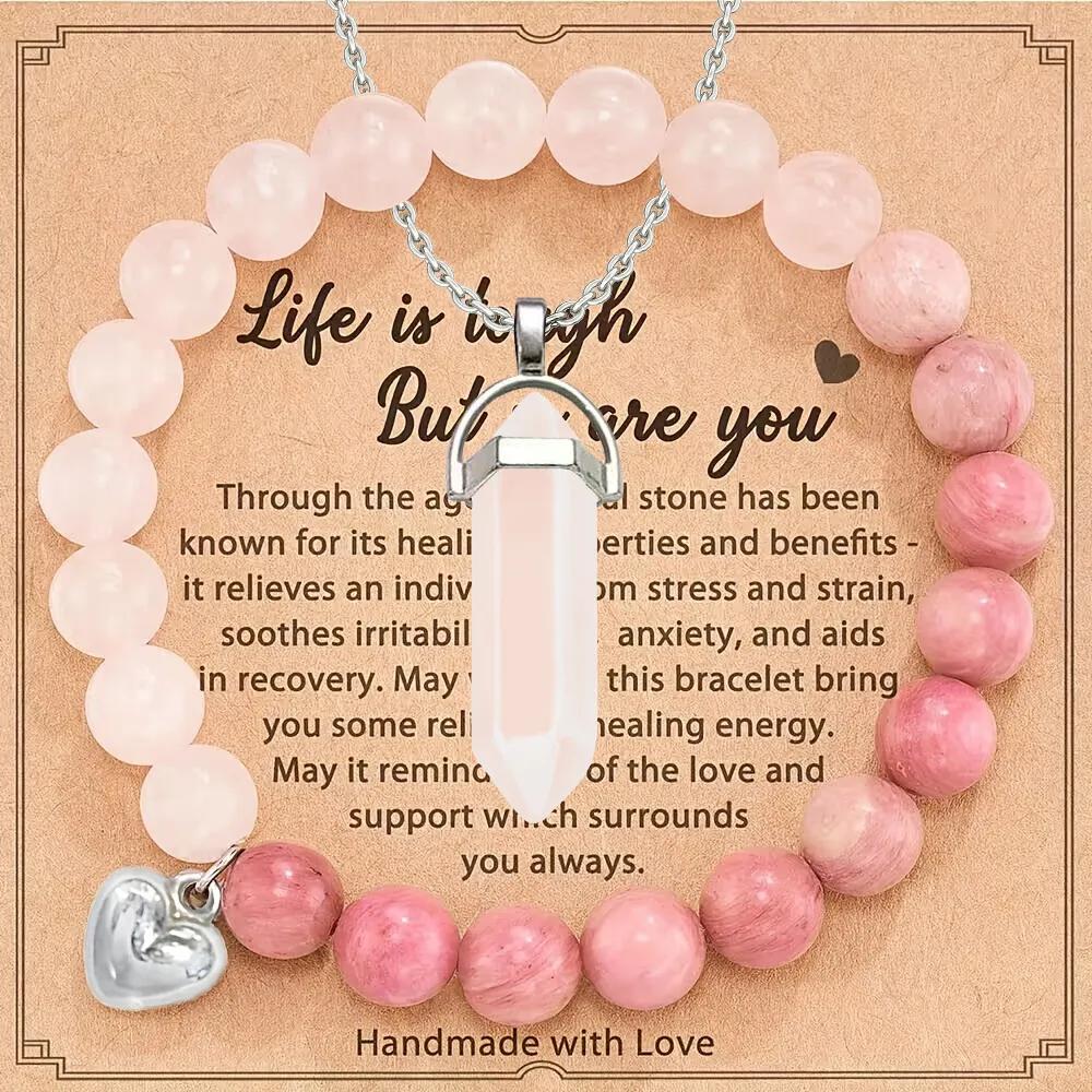 

2pcs/set Amethyst Hexagonal Column Necklace and Purple Stripe Agate Bracelet with Card Gift Stress Relief & Anxiety for Friend