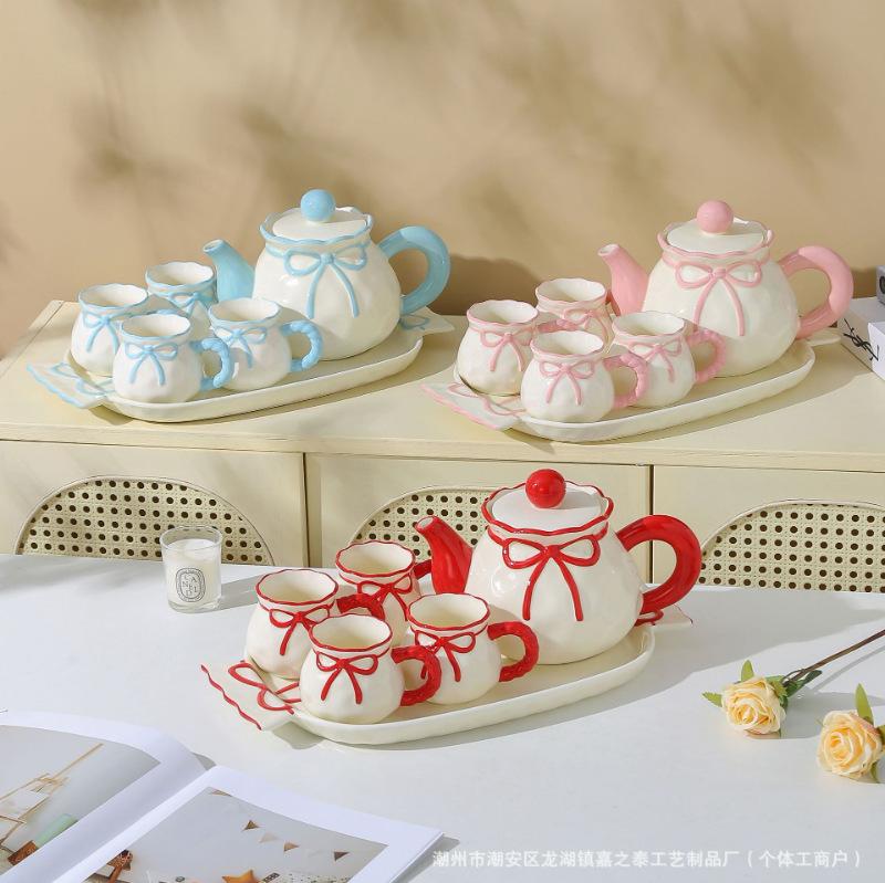 Bow Ceramic Water Cup Set Household Living Room Hospitality High Value Kettle Tea Cup Housewarming Wedding Gift