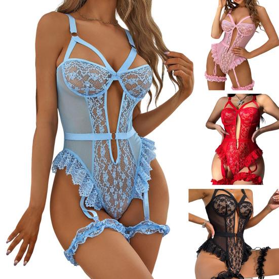 Women Sexy Bodysuit with Thigh Rings Backless Sleeveless Hollow Out Thin See-through Lace Flower Embroidery Spaghetti Strap Skinny Lady