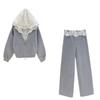 2026 Winter Korean Fashion: Women's Lace Splicing Hooded Sweatshirt & Casual Pants Set